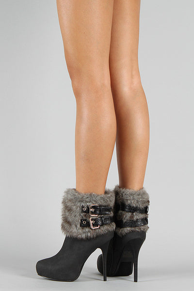 Faux Fur Collar Buckle Almond Toe Stiletto Booties