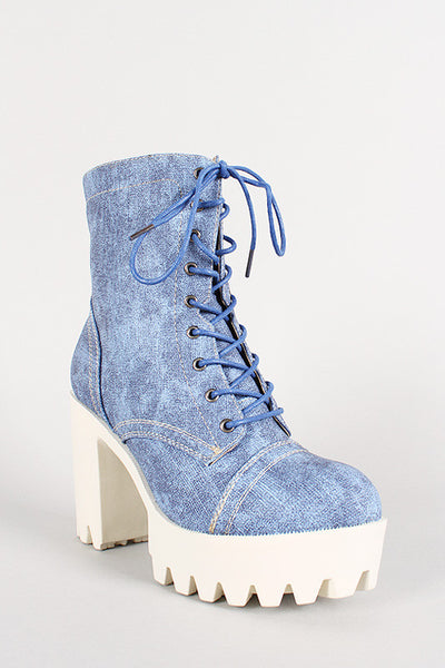 Denim Print Leatherette Lace Up Lug Sole Platform Boot
