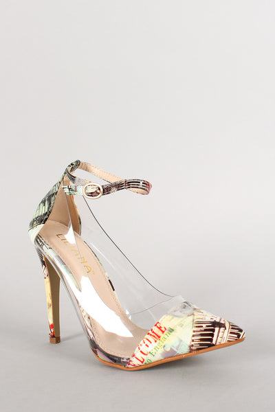Liliana Graphic Print Lucite Pointy Toe Ankle Strap Pump