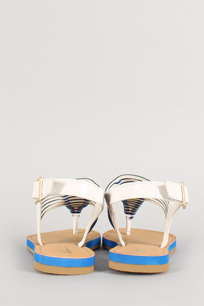 Soda Patent Two Tone T-Strap Slingback Flat Sandal