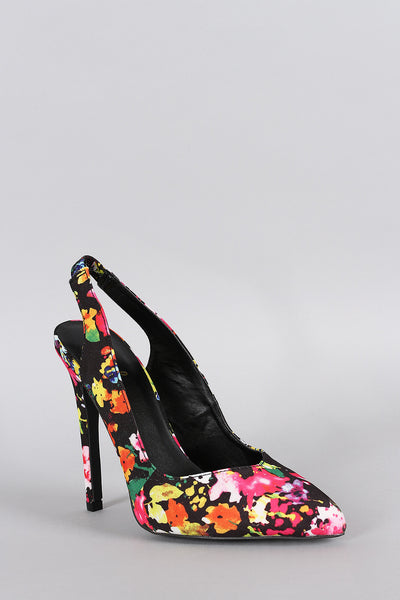 Qupid Floral Pointy Toe Slingback Pump