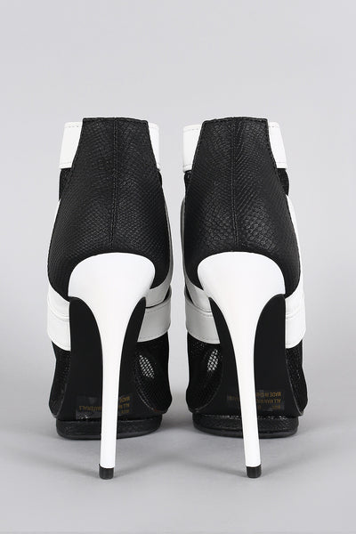 Snake Embossed Mesh Peep Toe Zip-Up Stiletto Booties