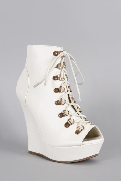 Peep Toe Lace Up Platform Wedge Booties