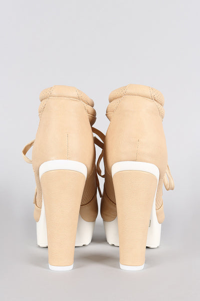Perforated Lace Up Contrast Lug Sole Platform Heeled Sneaker
