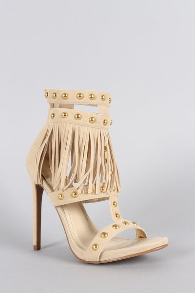 Shoe Republic LA Fierce Fringe Studded Open Toe Heel