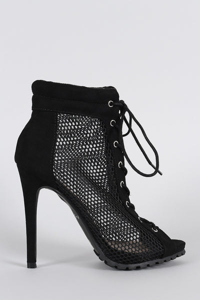Anne Michelle Mesh Lace Up Lug Sole Booties