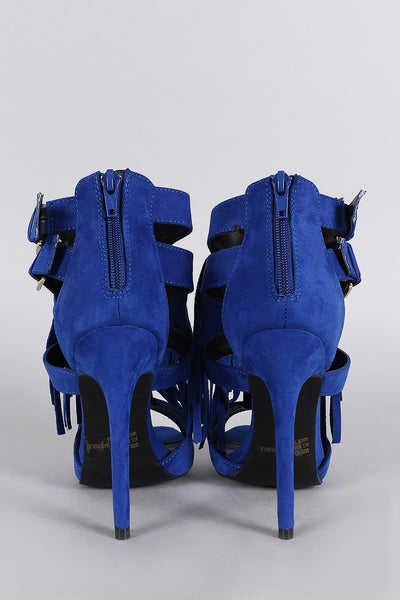 Qupid Double Buckle Falling Fringe Peep Toe Heel