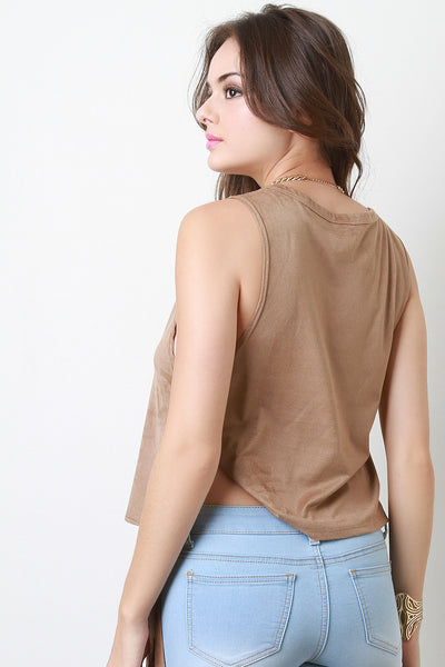 Vegan Suede Sleeveless Plunging Armholes Side Fringe Top