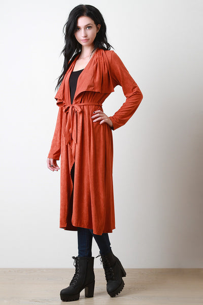 Belted Suede Draped Longline Jacket