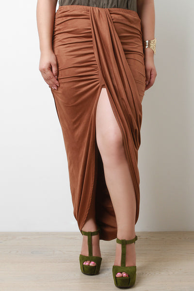 Draped Front Suede Maxi Skirt