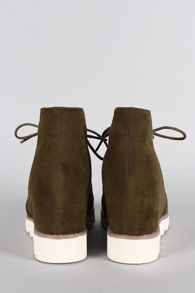 Dollhouse Suede Round Toe Lace Up Desert Wedge Booties