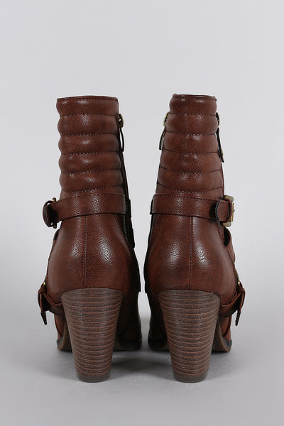 Zipper Strappy Buckle Quilted Chunky Heeled Mid Calf Boots