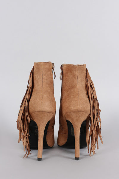 Suede Perforated Fringe Pointy Toe Stiletto Booties
