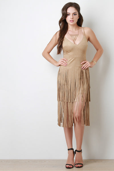 Faux Suede Fringe Skirt Mini Dress