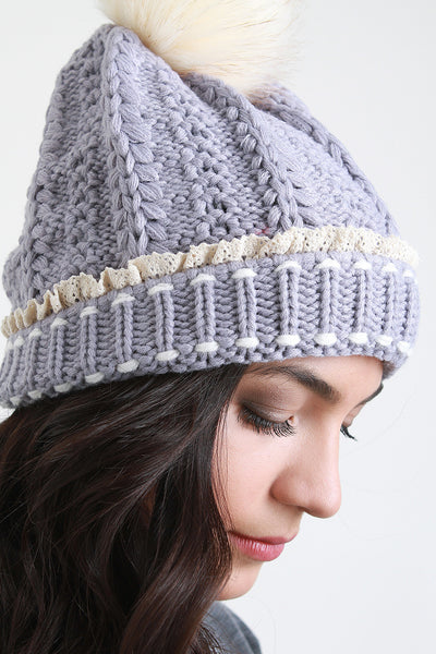 Button And Fur Pom Pom Ridged Knit Beanie