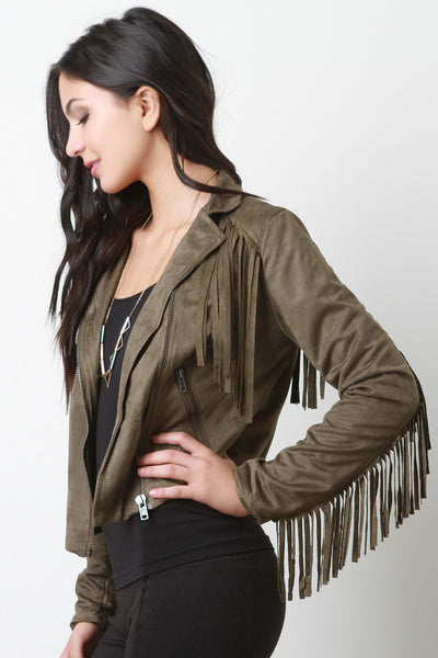 Zipped Up Suede Fringe Long Sleeves Jacket
