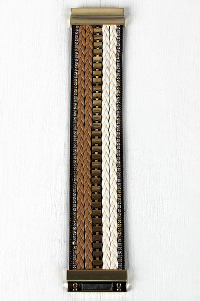 Braided Leather Rhinestone Cuff Bracelet