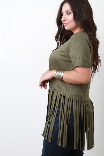 Short Sleeve Suede Fringe Hem Top