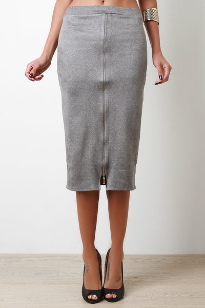 Zip Down Vegan Suede Midi Skirt