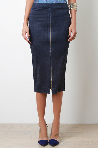 Zip Down Vegan Suede Midi Skirt
