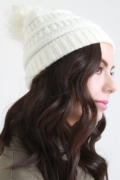 Ridged Fur Pom Pom Beanie