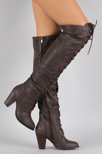 Almond Toe Lace Up Stacked Heeled Over-The-Knee Boots