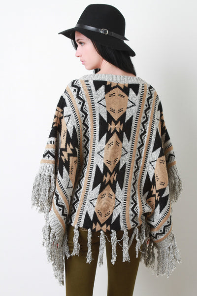 Tassel Hem Marled Knit Round Neck Pattern Poncho