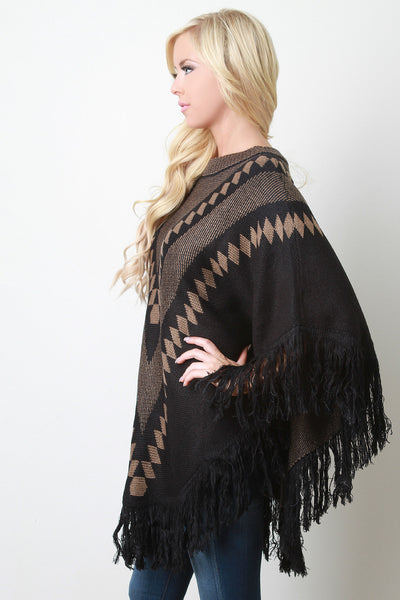 Fringe Hem Patterned Crew Neck Poncho