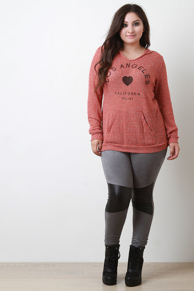 Marled Loose Knit Graphic Long Sleeves Hooded Top