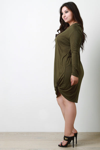 Knotted Hem Long Sleeve Midi Dress