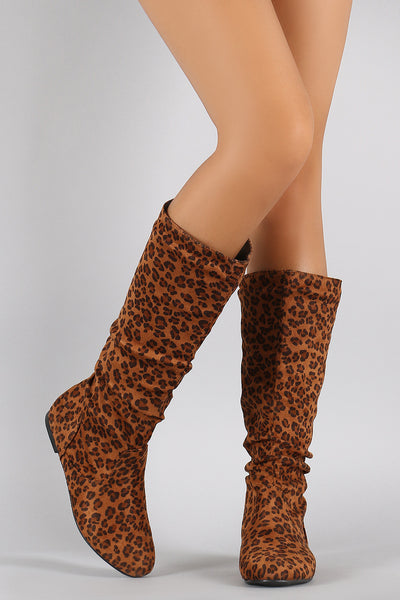 Leopard Print Round Toe Slouchy Flat Boots
