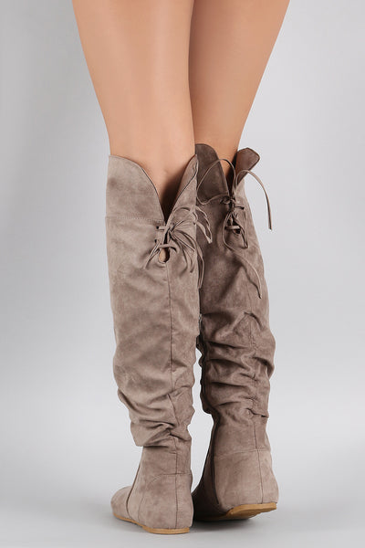 Bamboo Vegan Suede Slouchy Cutie Lace Up Flat Boots