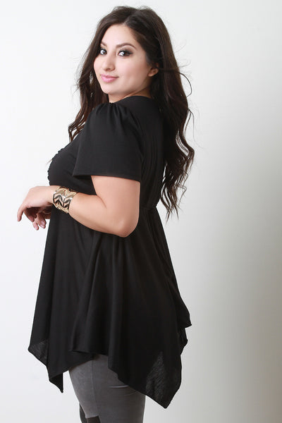 Back Tie Cinched Short Sleeves Handkerchief Hem Peasant Top