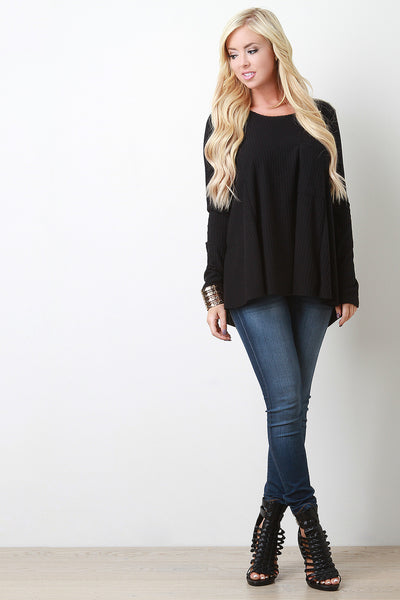 Ribbed Knit Pocket Long Sleeves High Low Babydoll Top