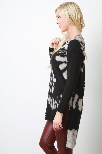Tie Dye Knit Long Sleeve Raw High Low Hem Sweater Top