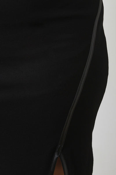 Asymmetrical Hem Vegan Leather Trim Slit Midi Skirt