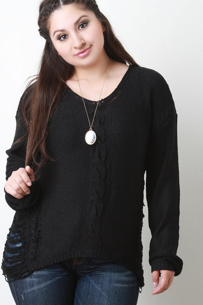Side Shredded Cable Knit Long Sleeves Sweater Top
