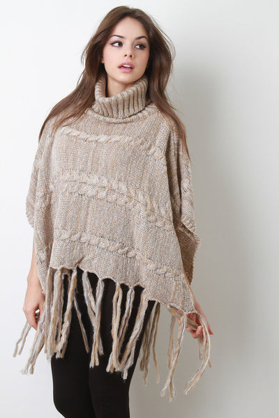 Marled Cable Knit Turtleneck Tassel Hem Poncho
