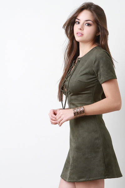 Suede Lace Up Bodice A-Line Dress