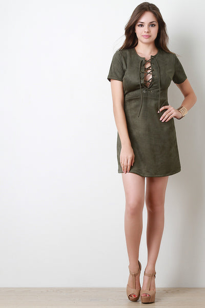 Suede Lace Up Bodice A-Line Dress