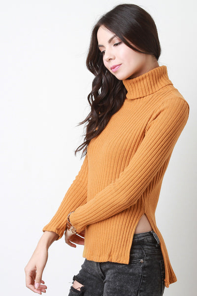 Ribbed Knit Turtleneck Slit Sweater Top